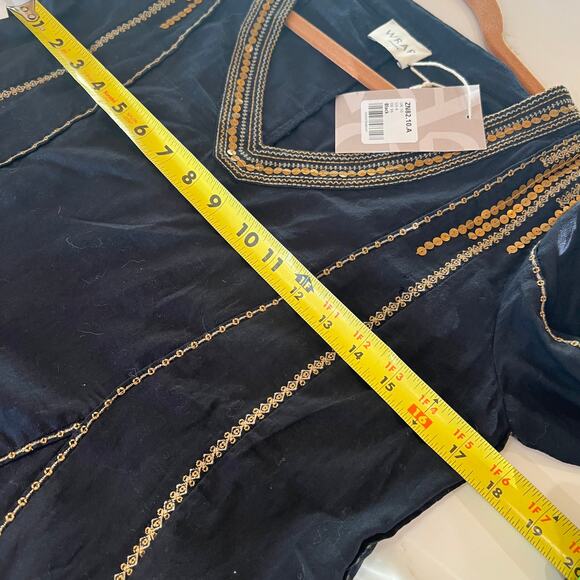 Wrap London Godet Cotton Sequin Bell Sleeve V Neck Blouse Sz 6 Black Gold - Picture 7 of 10